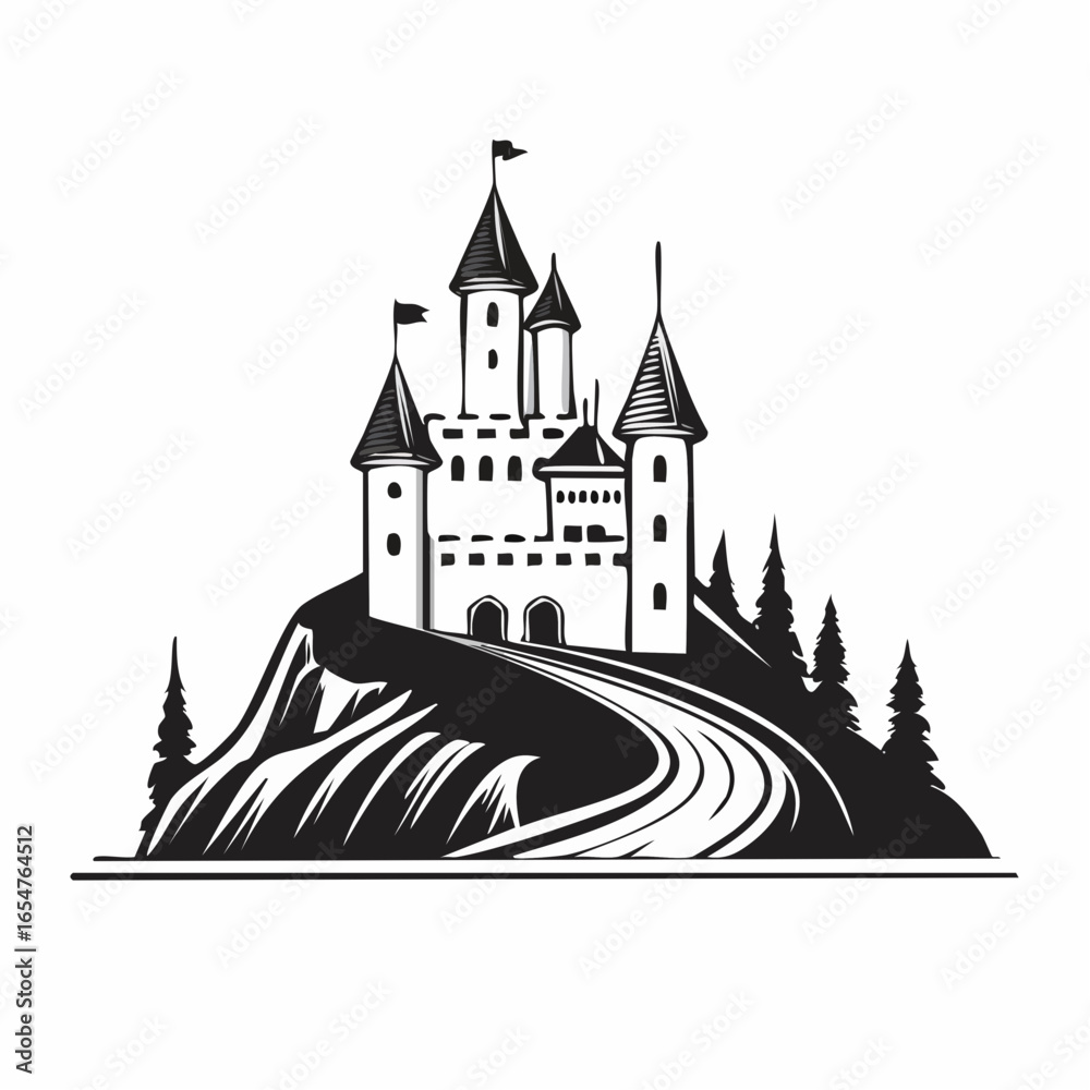 Obraz premium Majestic Medieval Castle on a Clifftop image vector isolated on white background.