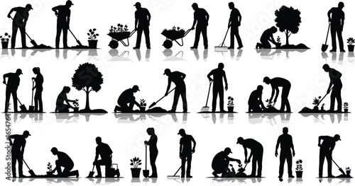 Gardening silhouettes, people planting, digging, watering, raking, wheelbarrow use, garden tools, horticulture activity, landscaping work, black silhouettes, outdoor labor, plant care, garden 