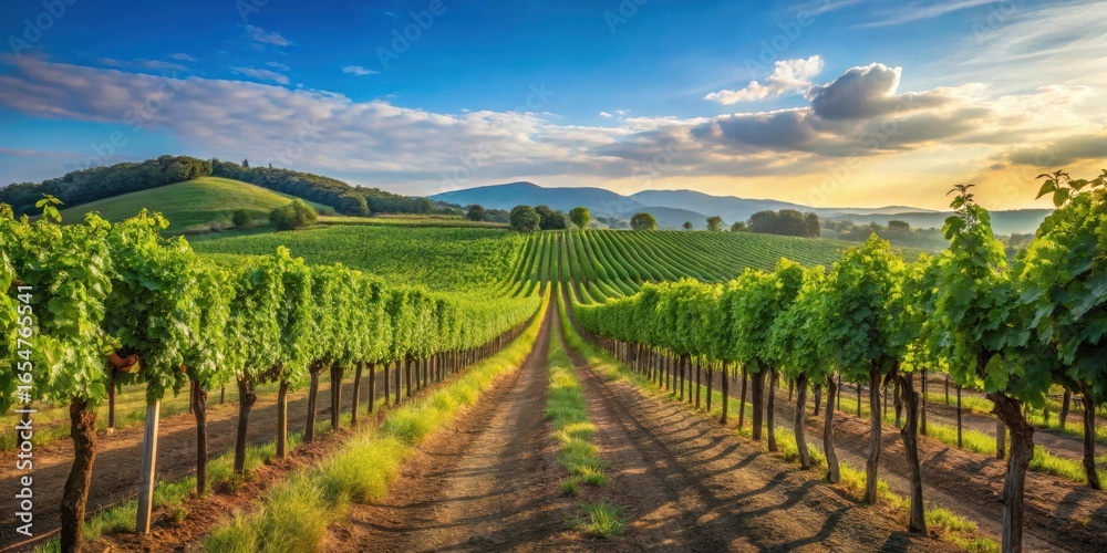 Naklejka premium Serene Vineyard Rows at Sunset, Lush Green Vines Under a Golden Sky, Peaceful Agricultural Landscape