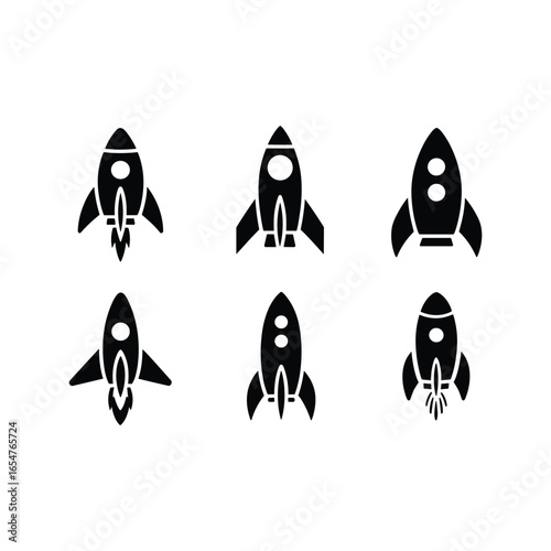 Rocket Icon Set Featuring Spaceship Silhouettes, Space Travel, Launch Symbols, Futuristic Design Elements, and Startup Concepts.