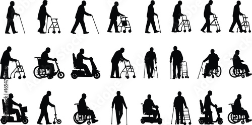 Mobility aid silhouettes, wheelchair users, walking cane, walker support, scooter mobility, disabled people, physical assistance, black vector, healthcare icon