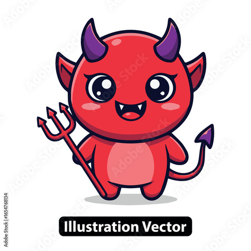 Cute red devil cartoon character holding a trident. Adorable demon mascot vector illustration.