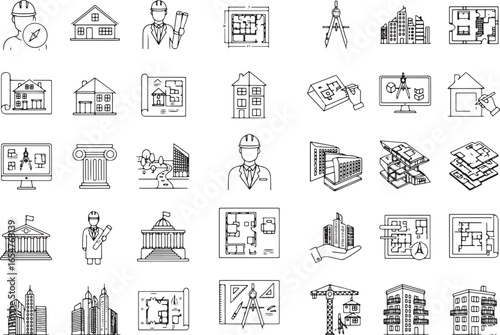 Collection of architectural and construction line art icons featuring buildings blueprints and architects