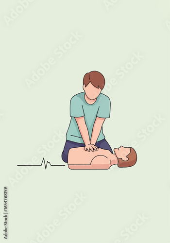 An illustration of a person performing CPR on a medical training mannequin, with a heart rate line indicating emergency first aid.