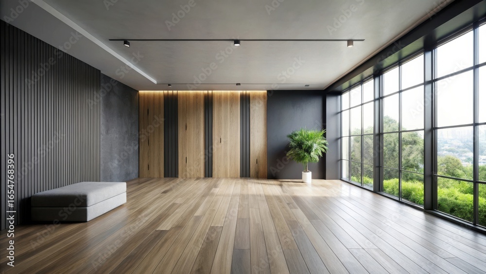 Fototapeta premium Spacious Modern Interior Design with Wood Flooring, Grey Walls, and Large Windows Offering Abundant Natural Light