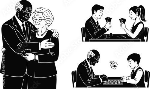 People illustrations, couple embracing, card game players, chess match, black and white drawing, vector design, human interaction, board game scene, emotional moment, family bonding, suit and dress, 
