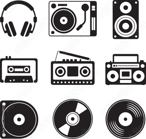 Music icons set headphones turntable speaker cassette boombox vinyl audio sound