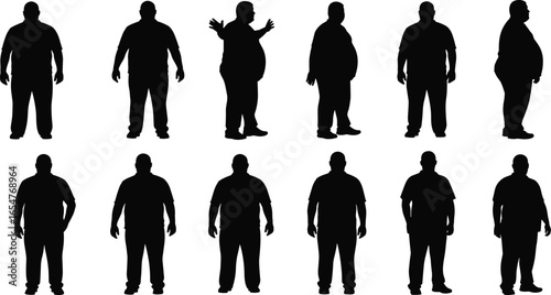 person silhouette poses, body stance illustration, black figure art, standing positions, front view, side view, hands on hips, raised arms, large body shape, human outline, pose variation,