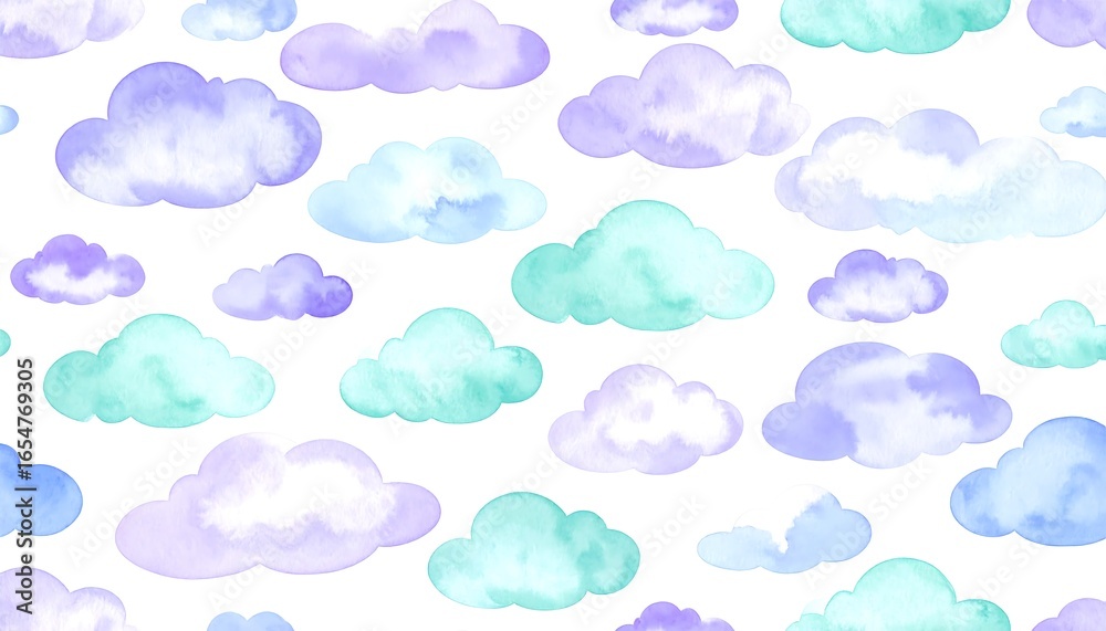 Fototapeta premium Watercolor pastel clouds in repeating pattern on white background