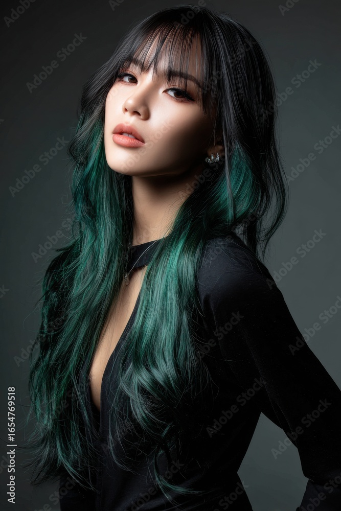 Fototapeta premium A woman with long green hair and a black dress