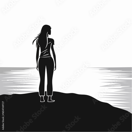 Silhouette of a Person Standing Alone on a Hill Overlooking the Ocean with a Feeling of Loneliness