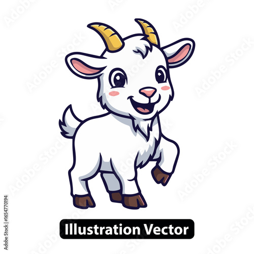 Cartoon Illustration of a Cute and Playful White Goat with Curly Horns and a Cheerful Smile