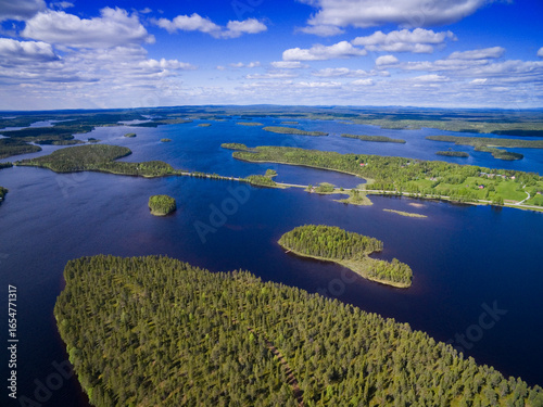 Aerial view of islands on Vuoma lake north of Kuusamo, Finland