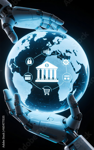 A Cinematic Digital Artwork of Robotic Hands Holding a Holographic Globe with a Central Bank Icon and Financial Data