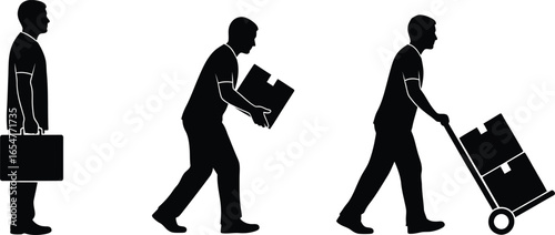 Silhouettes of people including a loving couple, a family with a child, and a businessman walking