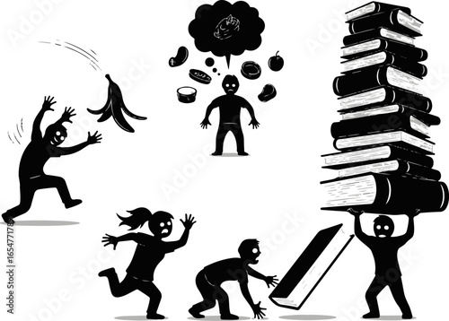 Funny Kids Silhouette in Clumsy and Accident Situations