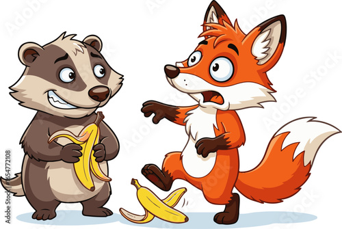 Cartoon Fox Slipping on Banana While Badger Watches
