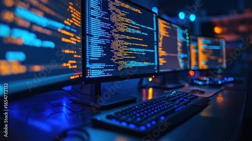 Wallpaper Mural Multiple monitors display colorful programming code in a dark room, highlighting software development and coding workflow. Torontodigital.ca