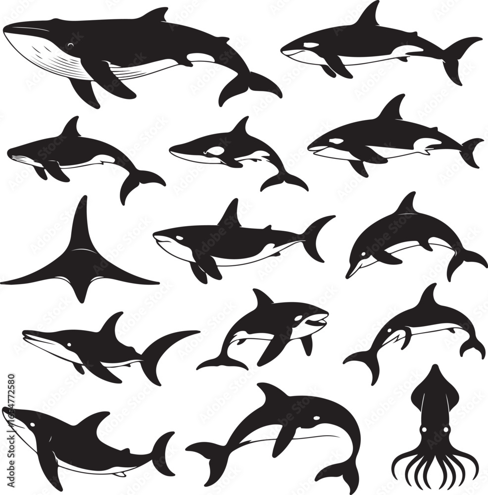 Naklejka premium Fifteen Black Silhouette Marine Animals Including Whales Sharks and Squid on White Background ocean life