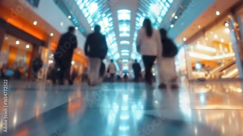 Time lapse video of crowded modern shopping mall interior with blurred motion silhouettes of walking people, fast moving shoppers in urban commercial center under glass roof architecture