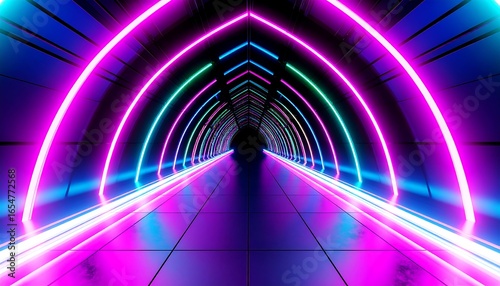 Fototapeta Naklejka Na Ścianę i Meble -  A vibrant, futuristic tunnel with glowing neon lights of pink, teal, and blue hues.