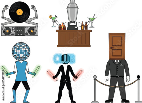 Whimsical cartoon figures representing a DJ, bartender, and party attendees with unique head designs.
