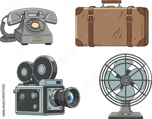 Four vintage objects: a telephone, suitcase, camera, and a fan, all illustrated.