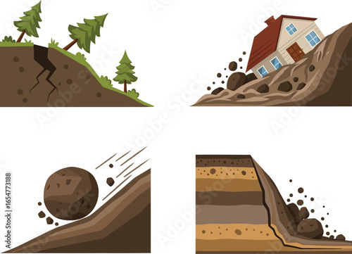Illustration depicting the destructive force of landslides, showing various stages and impacts on the environment.