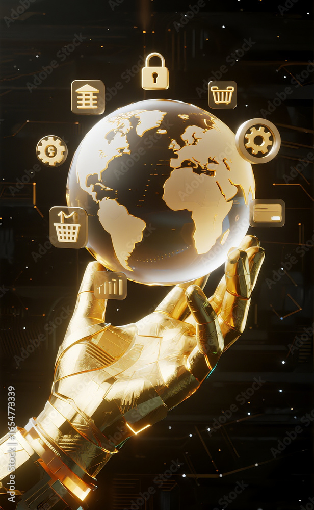 Obraz premium A Digital Artwork of a Holographic Golden Hand Holding a Globe Surrounded by Floating Financial Icons and an Abstract Technological Background