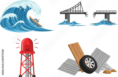 Illustration depicting a tsunami wave engulfing a boat, a damaged bridge, a warning siren, and debris.