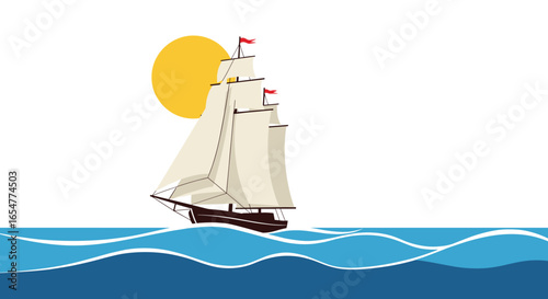A majestic sailing ship with full sails navigates the vast ocean under a bright sunny sky with gentle waves