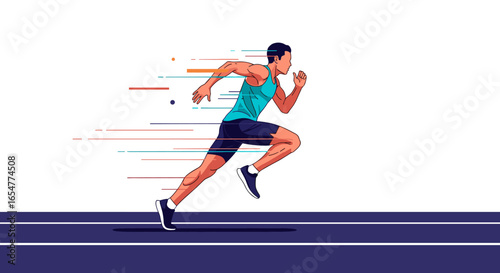 Dynamic athlete in full sprint capturing the essence of speed and motion through abstract colorful streaks