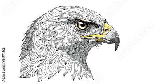 Detailed illustrative portrait of a majestic bird of prey showcasing its intense gaze and sharp features