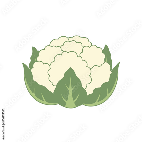 Outlined illustration of a head of cauliflower with green leaves.