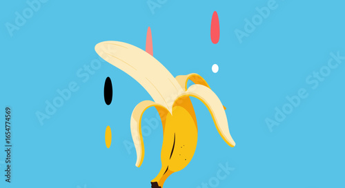 Vibrant yellow banana peeled open against a bright blue background with colorful abstract shapes floating