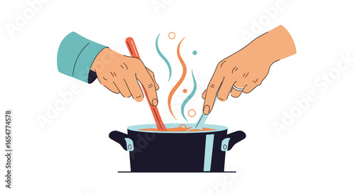 Two people hands stirring a pot of hot food with steam rising above a dark blue pot on a white background