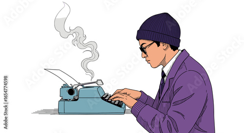 Artist creates vintage typewriter art with steam and smoke illustration