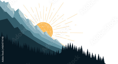 Serene mountain landscape at sunrise with majestic sun rays illuminating the peaks