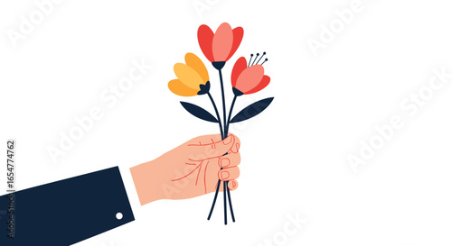 A hand wearing a dark blue suit sleeve holds a bouquet of three colorful flowers with thin green stems against a white background