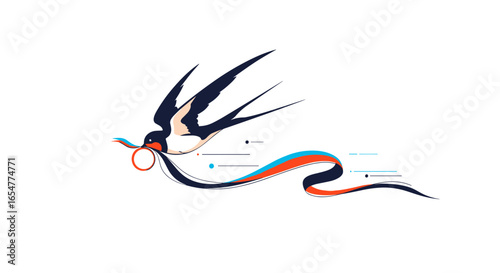 Elegant swallow bird carrying a ring with a flowing ribbon of colors symbolizing nature and harmony