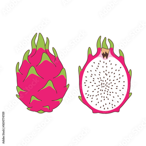A vibrant illustration showcases a whole and halved dragon fruit, highlighting its pink skin and white flesh speckled with tiny black seeds.