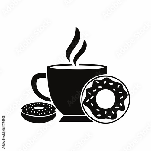Black and white delicious coffee cup and donuts vector image on white background.