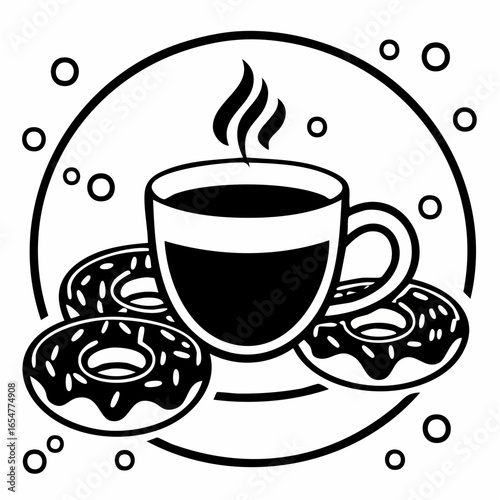 Black and white delicious coffee cup and donuts vector image on white background.