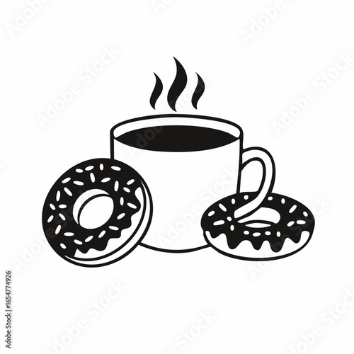 Black and white delicious coffee cup and donuts vector image on white background.