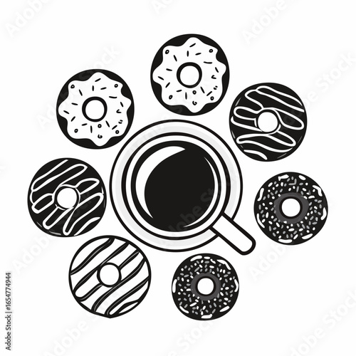 Black and white delicious coffee cup and donuts vector image on white background.