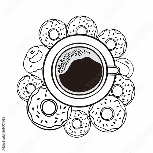 Black and white delicious coffee cup and donuts vector image on white background.