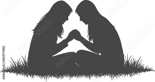 Vector art of silhouette of two women sitting together outdoors, holding hands, with grass around them