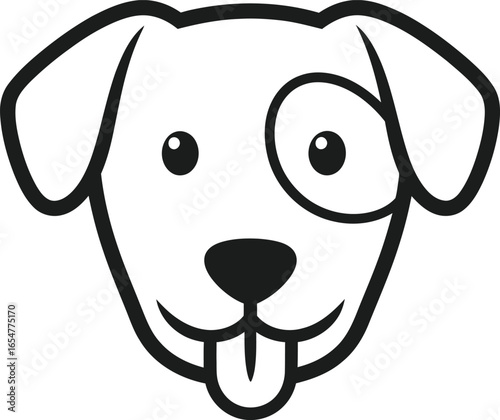 Vector art of simple black and white cartoon illustration of a happy dogs face with its tongue out