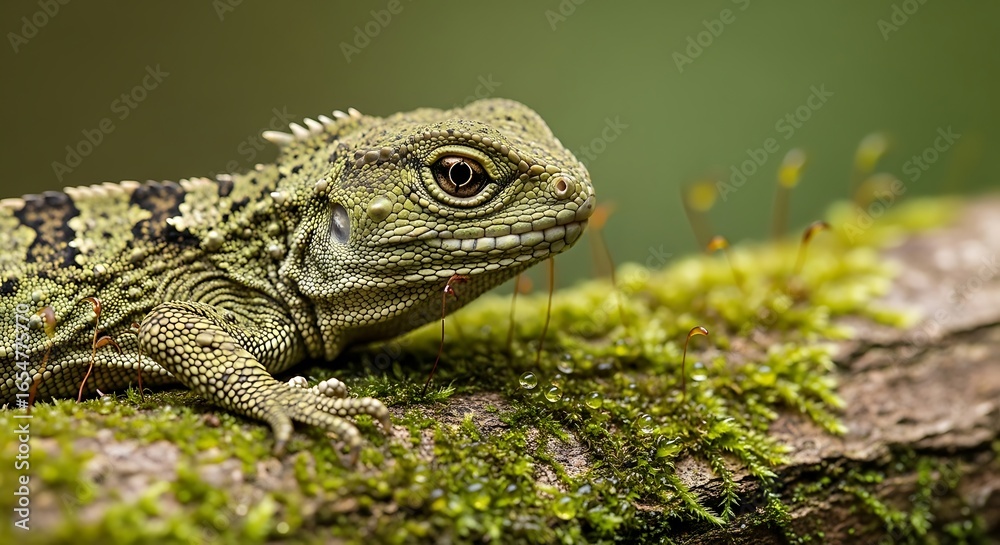 Fototapeta premium Detailed close-up profile of a unique Tuatara reptile perched on a moss-covered branch in a natural outdoor forest setting showcasing its scaly skin and ancient appearance