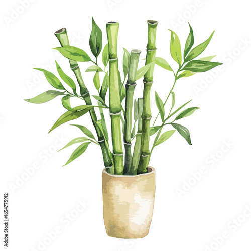 Watercolor Bamboo Plant in Beige Pot with Lush Green Leaves and Stems